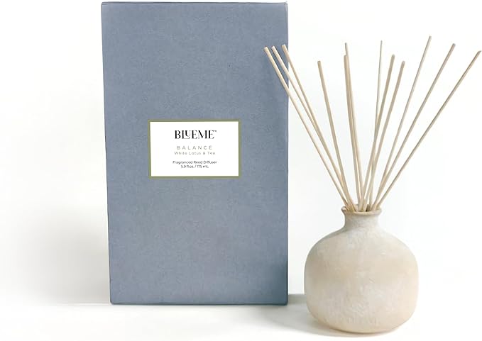 Blueme Balance Diffuser | White Lotus & Tea | 5.92 Fl Oz - Refillable Wellness Diffuser, Contains Essential Oil, Sustainable, Hand Finished, Premium, Luxury Ceramic, Natural Rattan Reeds, | Small
