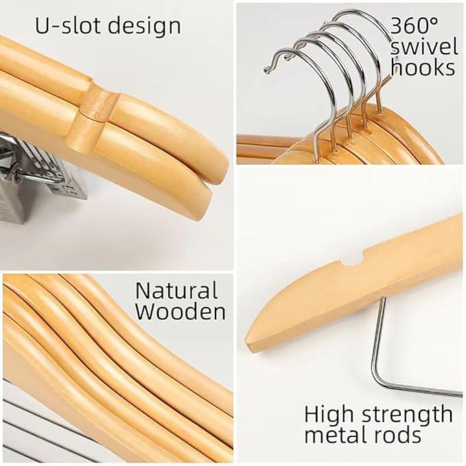 10 Pack Wooden Hangers with Clips High-Grade Wooden Suit Hangers Skirt Hangers with Clips S Wood Hanger with Durable Metal Clips for Blouse, Dress, Coat, Jacket (Natural)