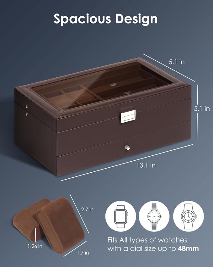 Kukikan Watch Jewelry Box Organizer, 6-Slot 2-Layer Watch Case and Sunglasses Storage with Large Glass Lid, Men's Jewelry Box with Lock, Watch Holder Display Case, Gift for Men Women