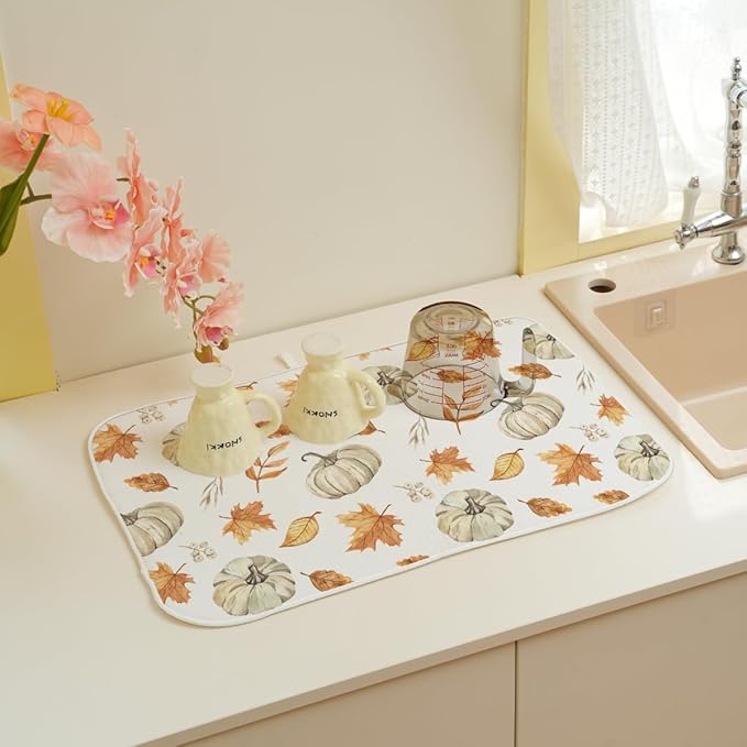 Fall Dish Drying Mat 18 x 24 Inch Thanksgiving Pumpkin Maple Leaf Drying Mat for Kitchen Counter Absorbent Farmhouse Harvest Autumn Pumpkin Dishes Dry Pad for Drainer Rack Kitchen Fast Dry