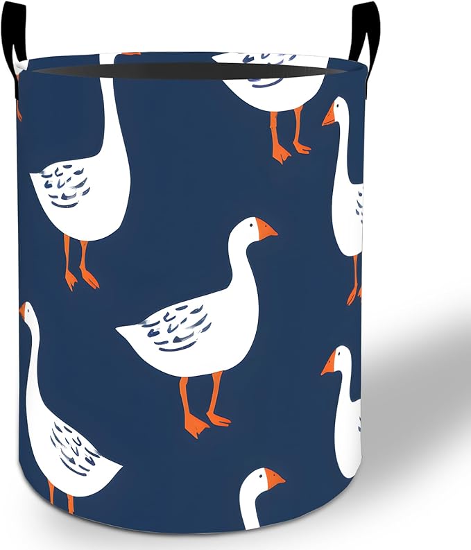 Goose Laundry Basket Hamper 19.7"x15.8", White Goose Foldable Waterproof Oxford Clothes Storage Bucket for Room Bathroom Bedroom Nursery Decor, Toy Organizer Bins Gifts for Kids Boys Girls