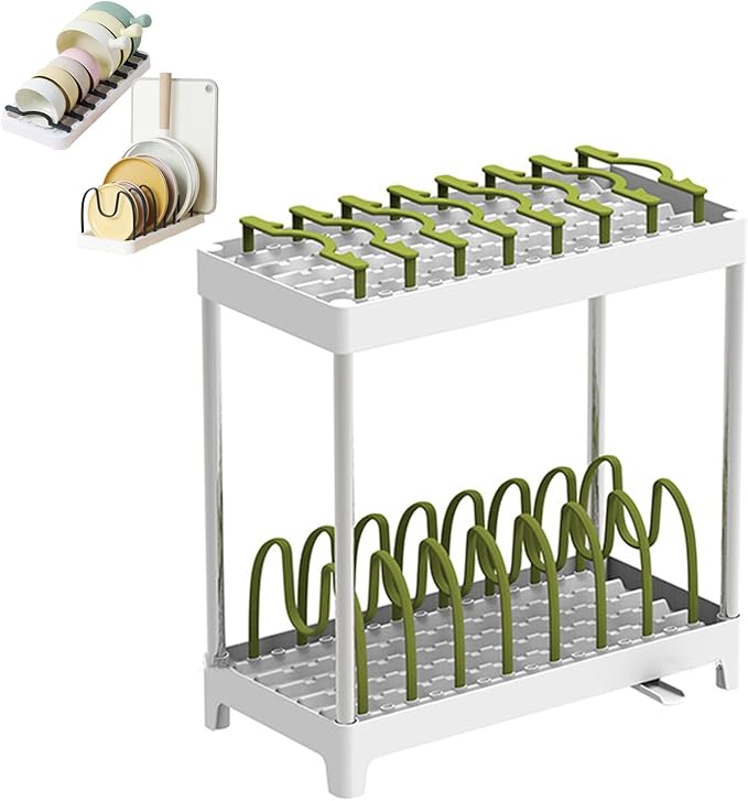 COMEOXO Double-Layer Pot and Pan Lid Organizer with Drainage, Adjustable 16 Compartments for Kitchen Cabinets - Bakeware, Cookware, Cutting Boards & Dishes (Nordic Green)