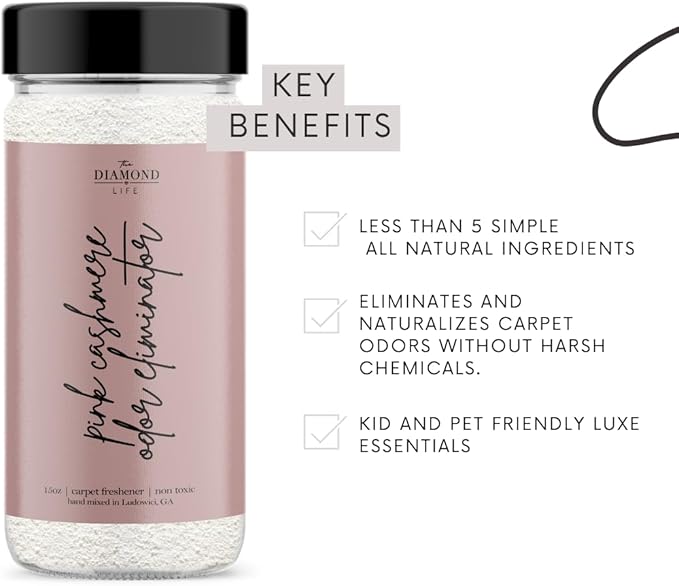 The Diamond Life Home Pink Cashmere Natural Carpet Powder – Apple, Warm Spices & Vanilla – Carpet, Mattress & Upholstery Freshener, Pet Odor Eliminator for Cat Litter & Dog Beds – Kid & Pet Safe