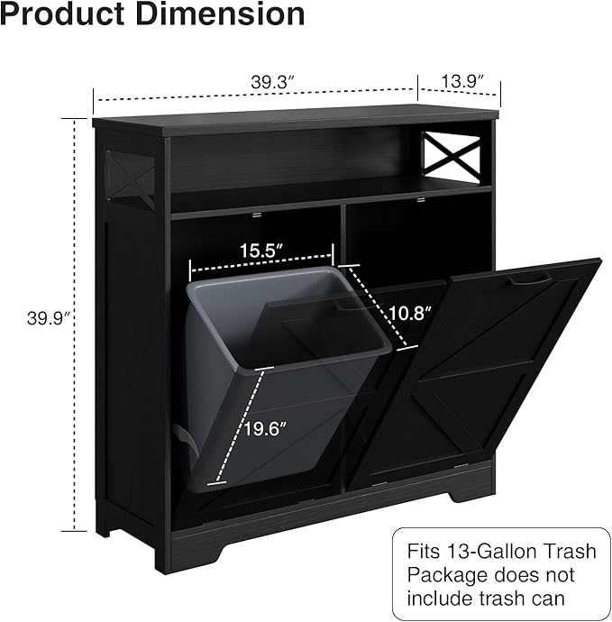 Double Tilt Out Trash Can Cabinet for 13 * 2 Gallon Garbage Can, Farmhouse Kitchen Garbage Trash Bin for Hidden Laundry Basket, Dual Dog Proof Recycling Cabinet for Dining Living Room, Black