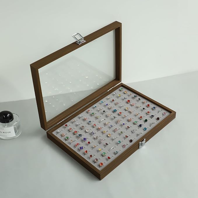Stratalife Ring Organizer Wood Jewelry Box Ring Holder 100 Slot Jewelry Case Vintage Storage Display Tray for Multiple Rings