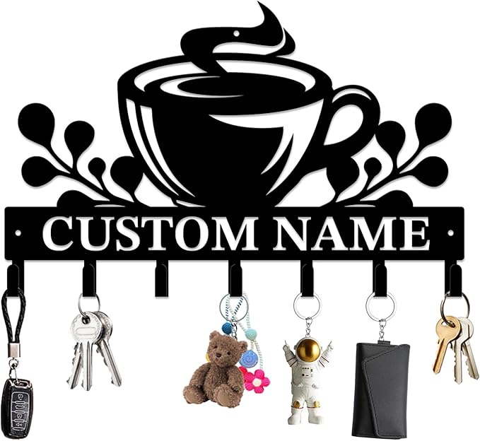 Personalized Custom Name Coffee Bar Wall Keys Hooks,Metal Coffee Shop Art Clothes Hooks,Metal Coffee Lover Wall Home Storage Decorative,For Front Door, Hallway, Kitchen, Bedroom,Keys,Hats (Style A)