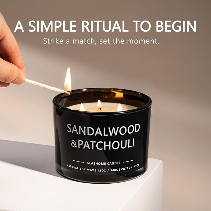 Patchouli & Amber Scented Candle, Luxury Large 3 Wick Soy Candle 12 Oz, 60+ Hour Long Lasting Clean Burn, Elegant Aromatherapy Home Decor, Housewarming & Birthday Gift for Men & Women