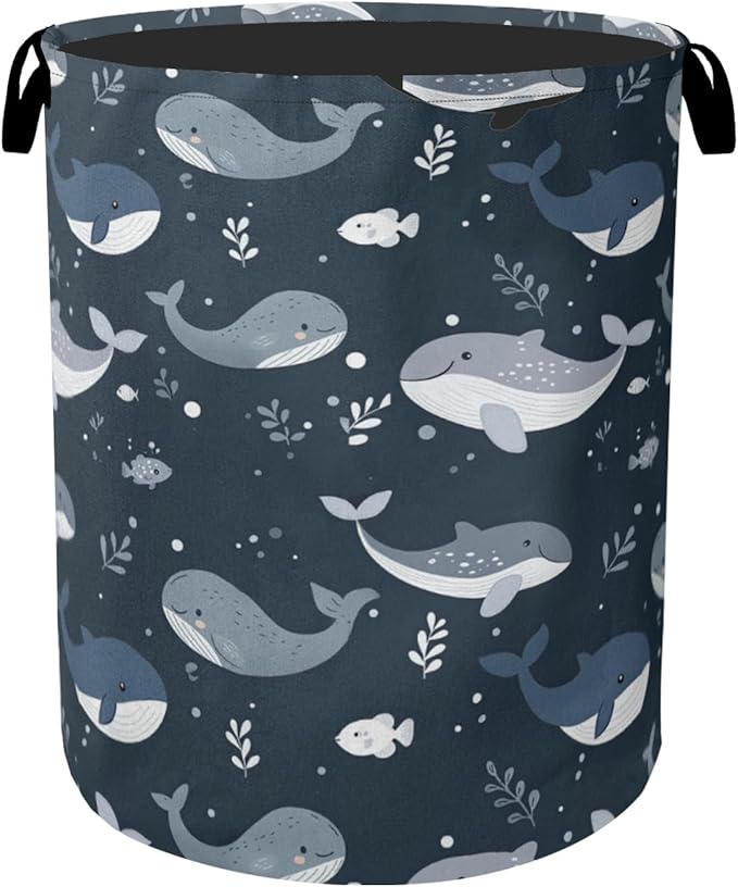 Cute Whale Marine Animals Foldable Canvas Laundry Basket with Handles - Toy Organizer, Heavy Duty for Home，Bedroom, Dorm, Bathroom