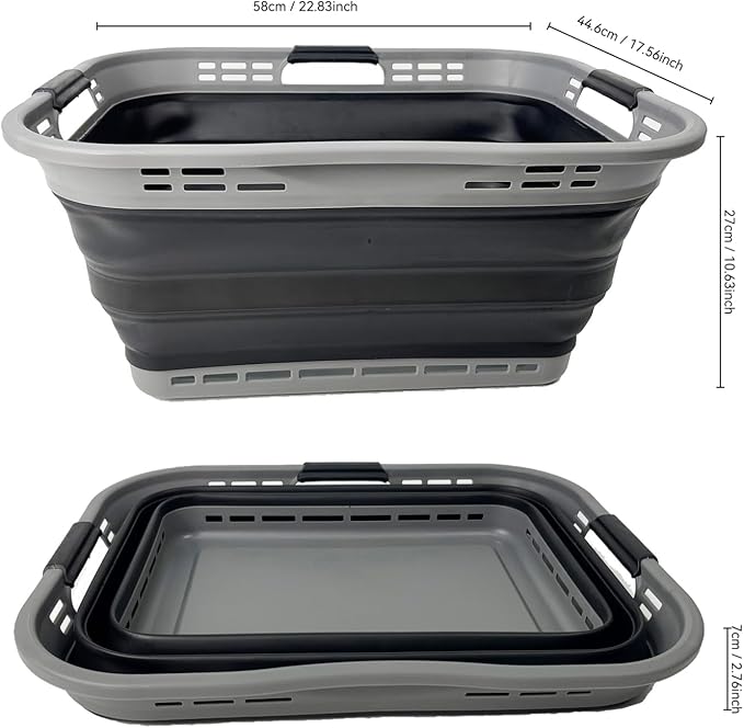 SAMMART 42L (11 Gallon) Collapsible Plastic Storage Basket - Foldable Pop Up Storage Container/Hamper - Portable Laundry Organizer - Space Saving (Grey/Black, 42L (Style A))