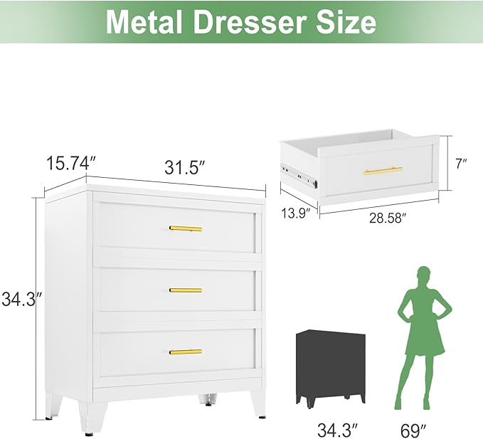 Metal Dresser for Bedroom 3 Drawers Dresser Metal Storage Organizer,34.25" H Drawer Chest, Closet Organizers for Living Room, Hallway, Closet