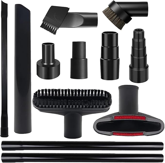 BGSIME 12 PCS Vacuum Attachments & Brushes Kit for Shop Vac Accessories & Household Cleaning, Includes 2 1/2" to 1 1/4" and 1 7/8" to 1" Vacuum Hose Adapters, Crevice Tool & 2 Vacuum Extension Wands