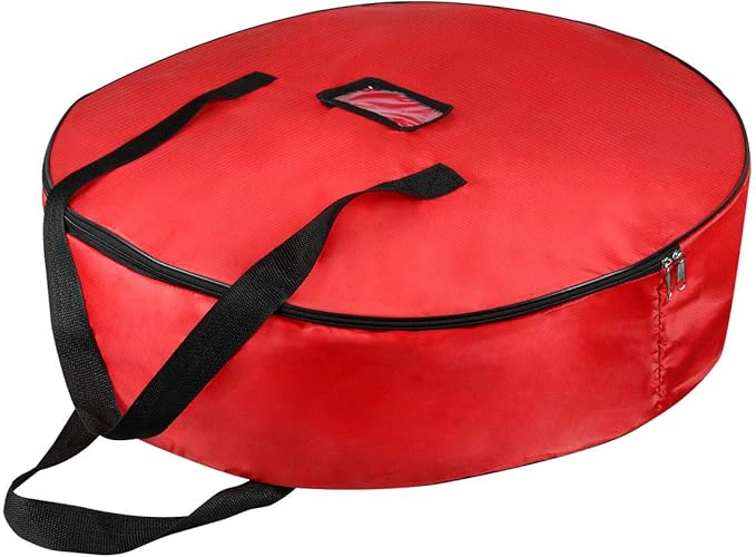 TQS 25" Christmas Wreath Storage Bag - Heavy Duty Reinforced Wide Handle and Double Sleek Zipper - Protect Your Christmas Garland Party Decorations - Red