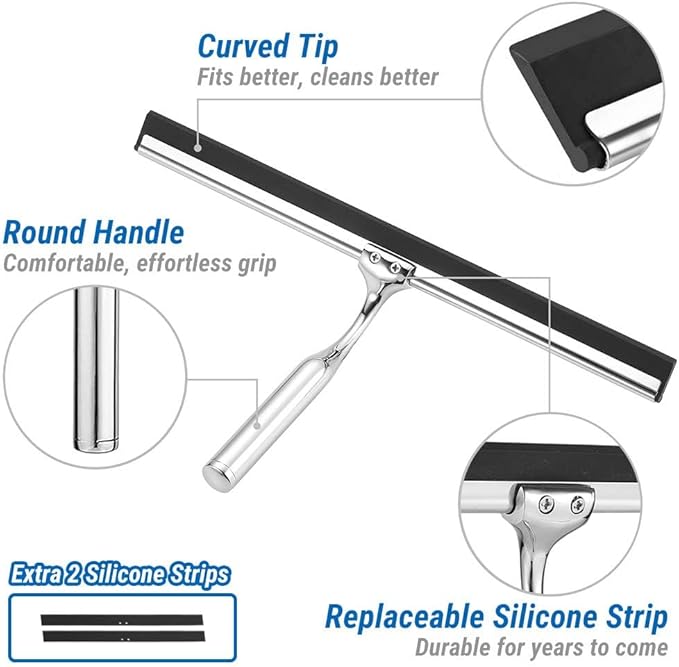 ecooe Stainless Steel Shower Squeegee with Hook, 12″ Shower Glass Cleaner Wiper Scraper with 2 Replacement Blade Window Squeegee for Home Bathroom Kitchen Car Glass Doors