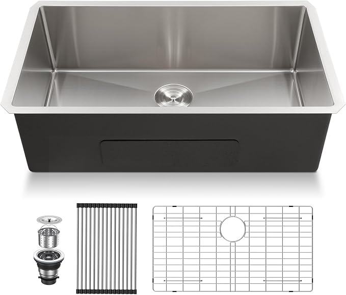 Lordear 33 Undermount Kitchen Sink 33x19x10 Inch Stainless Steel Single Bowl Kitchen Sinks Round Corner 16 Gauge Handmade Under Counter Sinks Basin