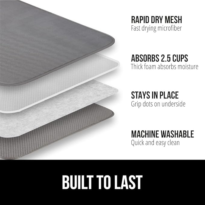 GORILLA GRIP Ultra Water Absorbent Microfiber Dish Drying Mat, 18x24, Quick Dry Thick Mesh, Slip Resistant Pad for Sink Dishes or Under Rack, Kitchen Counter Accessories, Machine Wash Mats, Gray