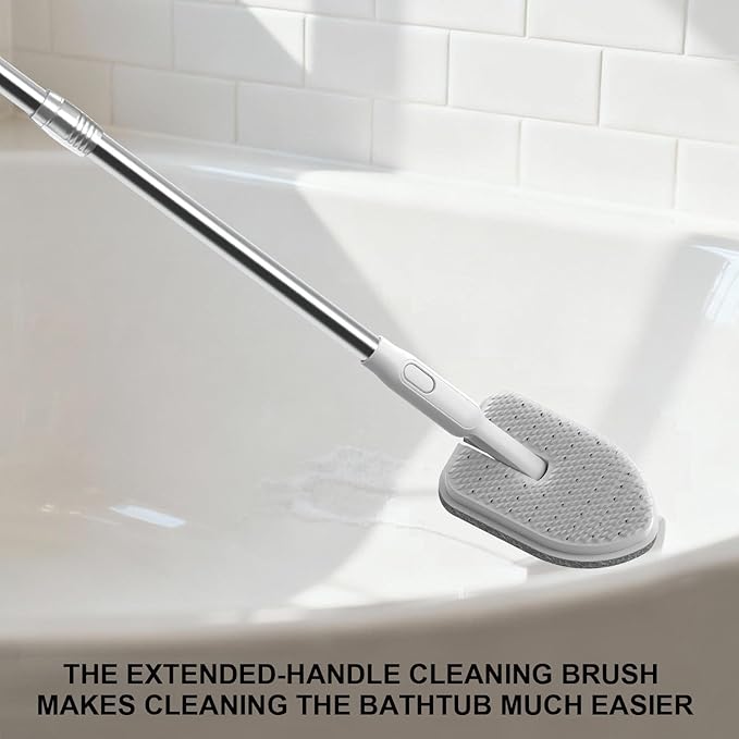 EHOMGUI Tub Scrubber Cleaning Brush, Non-Scratch Shower Scrubber with Long Handle, 6 Replaceable Natural Fiber Pads & A Double-Sided Head, Scrub Brush for Cleaning Bathroom Kitchen Wall Sink