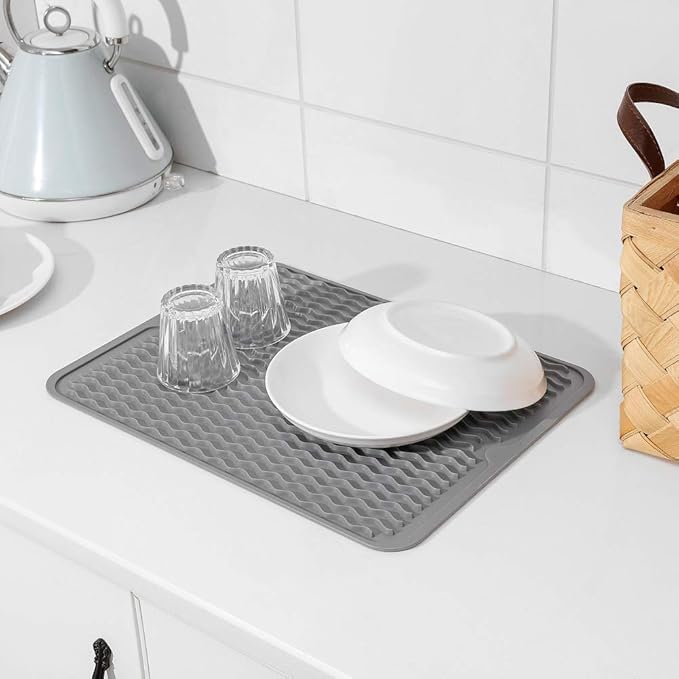 MicoYang Silicone Dish Drying Mat for Multiple Usage,Easy clean,Eco-friendly,Heat-resistant Silicone Mat for Kitchen Counter or Sink,Refrigerator or drawer liner Grey L 16 inches x 12 inches
