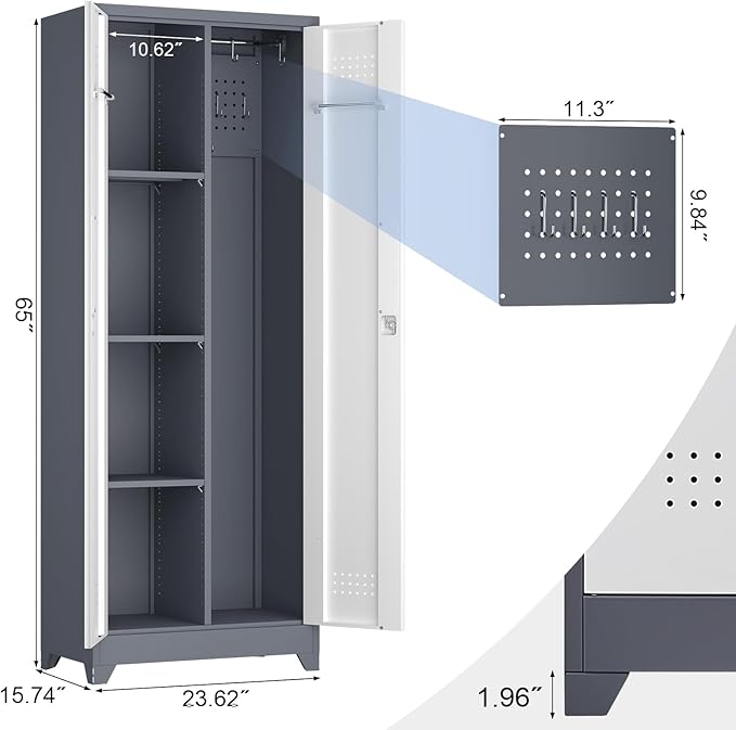 65" H Broom Closet Storage Cabinet, Garage Storage Cabinet with Adjust Shelves,Utility Cabinet,Utility Closet for Garage,Gray-White