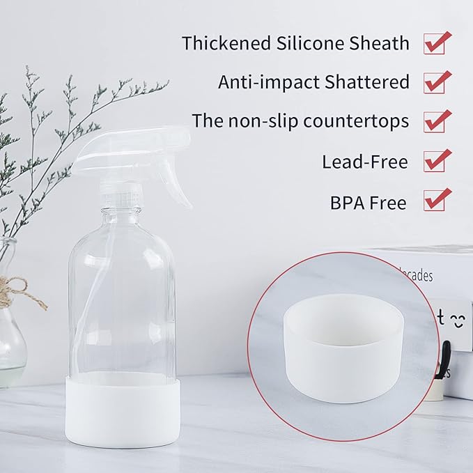 HOMBYS 16 Oz Clear Glass Spray Bottles with Silicone Sleeve,Empty Boston Bottle Spray Bottle with Adjustable Nozzle,Refillable Container for Cleaning, Essential Oils, Hair, Plants