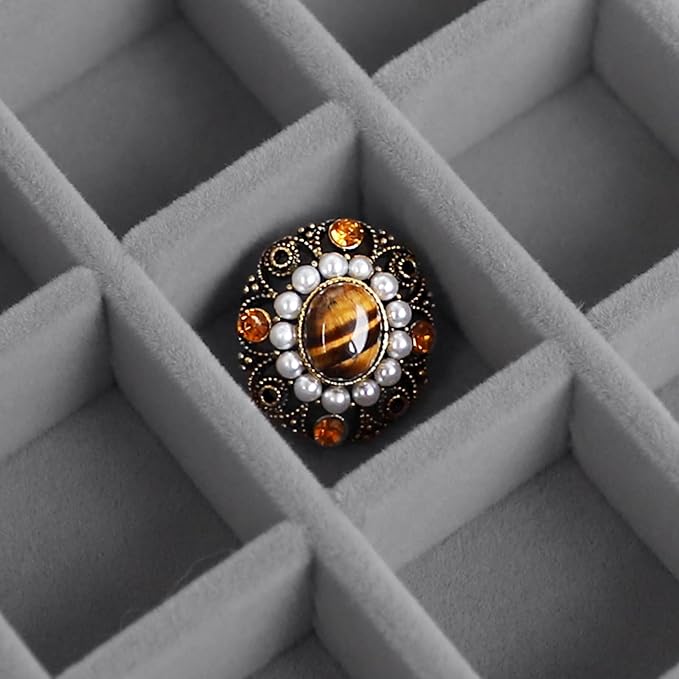 Wudygirl Small Jewelry Box Wooden Jewelry Organizer 24 Grid Ring Holder Earring Box with Lid Earring Holder Organizer for Women Jewelry Display Case Ring Storage for Drawer (Gray)