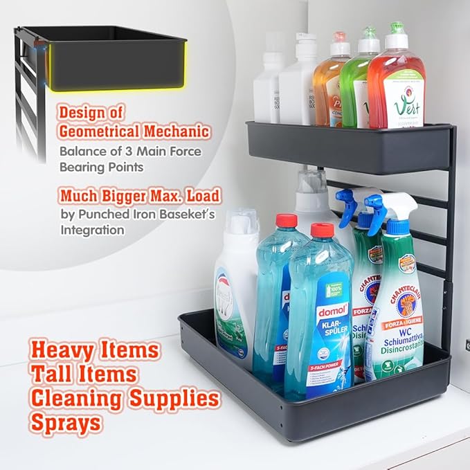 EVERIE Height Adjustable 2 Tier Metal Pull Out Slide Shelf Organizer for Under Sink Cabinets in Kitchen, Bathroom, with Snap-on Top Tray, 16" Deep (Black, 2 Sets) | Pull Out, Slide Shelf