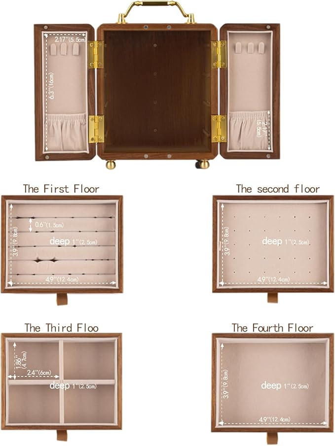 Black Walnut Jewelry Organizer, Wooden Jewelry Box with Gold Handle & Mirrored Flowers, 4 Layers of Storage | Perfect for Anniversaries, Birthdays, Weddings (Brown, 6.29"D x 5.9"W x 7.08"H)
