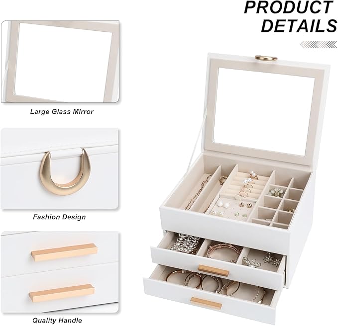 Jewelry Storage Box for 150+ Items - Features a Mirror, Smooth Gliding Drawers, and Non-Slip Earring Pads for Maximum Organization White