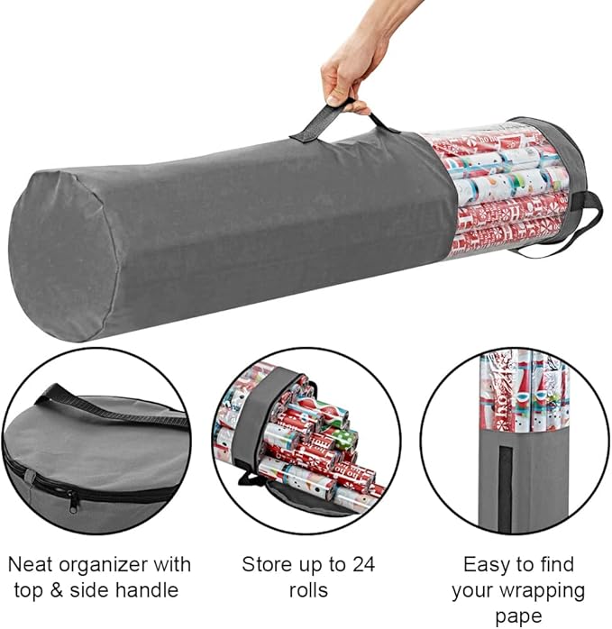 ProPik Gift Wrapping Paper Storage Organizer Bag, Store Up To 25 Rolls 40 Inch, Heavy Duty Polyester plus PVC Clear Bag With Handles And Zippered Top For Holiday Gift Wrap And Ribbons (Grey)