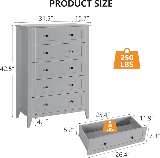 Modern 5 Drawers Dresser for Bedroom, Tall Wood Chest of Drawers for Clothes, Big Storage Dressers Organizer with Gold Handles & Deep Drawers, Living Room, Closet, Hallway, Grey