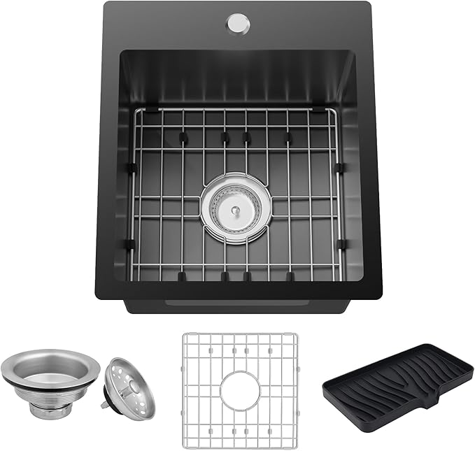 Black Kitchen Sink,15x17 Inch Bar Sink Stainless Steel Drop In Small Kitchen Sink Ideal Choice For Small Spaces Topmount Sink With Bottom Grid,Soap Mat And Drain Assembly Serve Both Kitchen And Bar