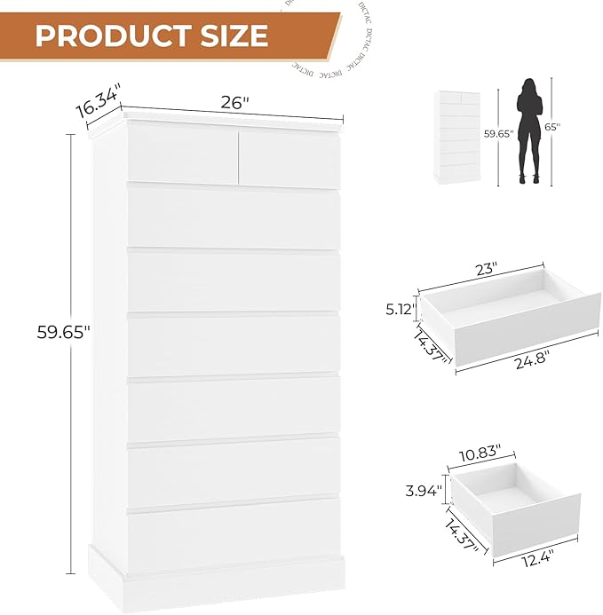 DICTAC White Tall Dresser for Bedroom with 8 Drawers, 59.6" Tall Dressers & Chests of Drawers, Modern Wood Closet Organizer and Storage Cabinet, Large Vertical Dresser for Bedroom, Closet, Hallway