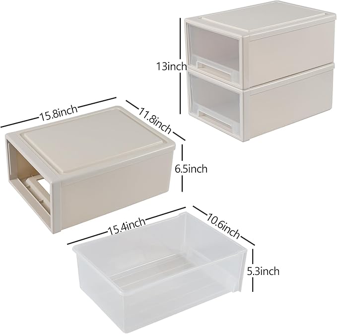 17.8 Quart Desktop Stackable Storage Drawers, 2 Pack Plastic Drawer Boxes, Beige