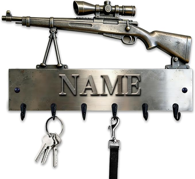 Custom 2D Flat Print Gun Bullet Themed Wall Hook for Men Husband Grandpa Dad Personalized Name Bullet Gun Equipment Wall Mounted Key Rack Firearm Themed Coat Holder for Bedroom Man Cave Carage Kitchen