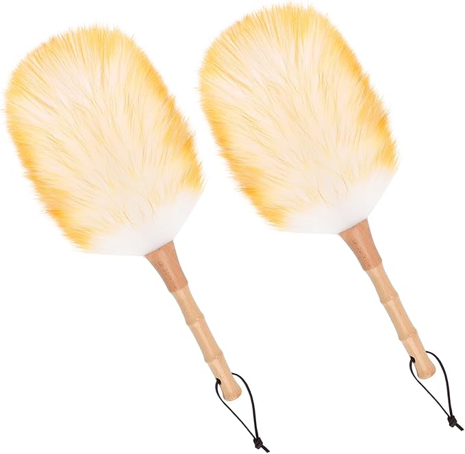 iHUFeather Lambswool Duster for Cleaning with Solid Wooden Handle Leather Hang Strap 14.9 inch Natural Feather Duster for Cleaning Ceiling Fans Window Blinds Computer Furniture(2 Pack)