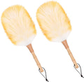 iHUFeather Lambswool Duster for Cleaning with Solid Wooden Handle Leather Hang Strap 14.9 inch Natural Feather Duster for Cleaning Ceiling Fans Window Blinds Computer Furniture(2 Pack)