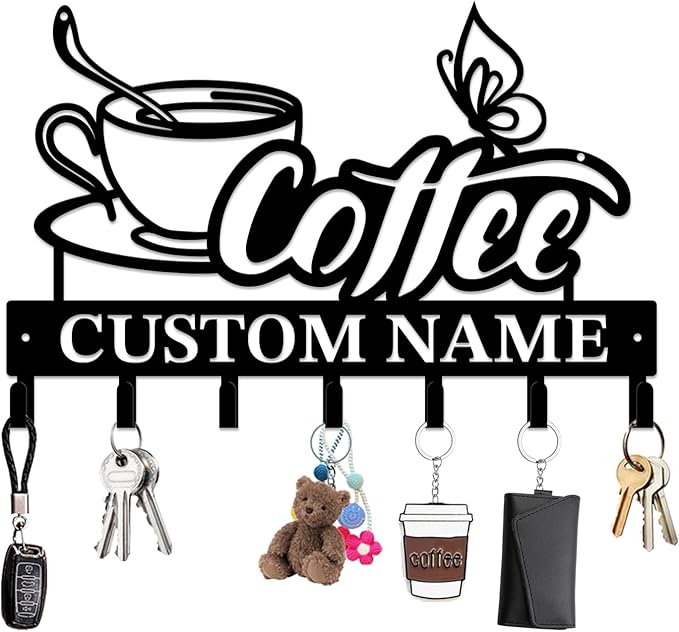 Personalized Custom Name Coffee Bar Wall Keys Hooks,Metal Coffee Shop Art Clothes Hooks,Metal Coffee Lover Wall Home Storage Decorative,For Front Door, Hallway, Kitchen, Bedroom,Keys,Hats (Style G)