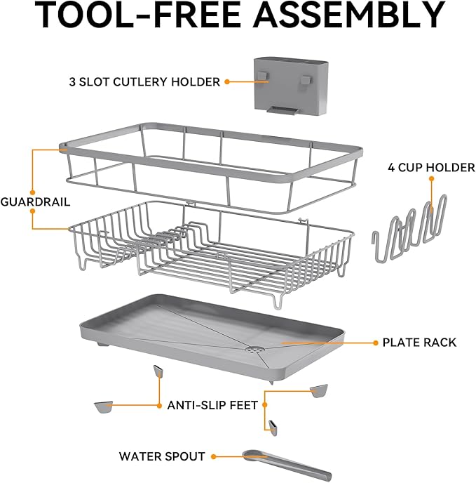 TOOLF Large Dish Drying Rack for Kitchen Counter,Kitchen Dish Racks with Drainboard,Sink Dish Strainer Rack,Countertop Dish Drainer Rack with Cup & Utensil Holders,Gray