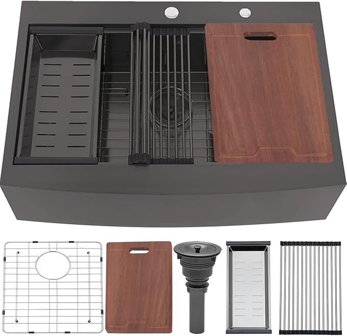 VC CUCINE 33x22 Inch Drop In Gunmetal Black Farmhouse Sink, 16 Gauge Stainless Steel Single Bowl Apron Front Workstation Farm Sink With Accessories