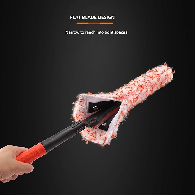 Microfiber Wheel Brush, SPTA Removable Car Wheel Cleaning Brush with 2 Interchangeable Microfiber Covers, Bendable, Firm Rim Cleaner Brush for Wheel Cleaning, Long Non-Slip Handle and Flat Head