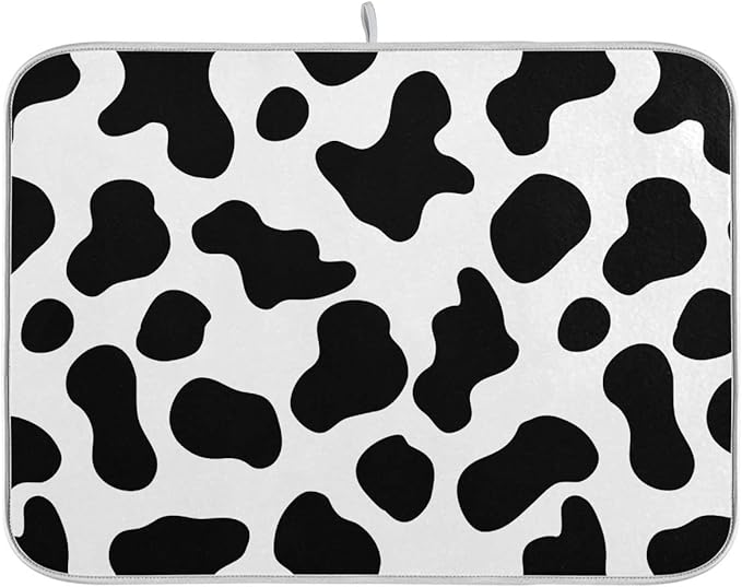 Cow Spots Black and White Dish Drying Mat 18x24 for Kitchen Counter Rustic Farm House Country Style Dishes Pad Absorbent Fast Dry Dish Draining Mats Large Kitchen Accessories