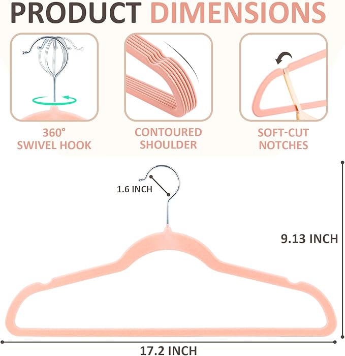 ELONG HOME Velvet Hangers - 50 Pack, Peach Pink Slim Felt Hangers with 360 Swivel Hook, Non-Slip Heavy Duty for Coats & Dress Clothes