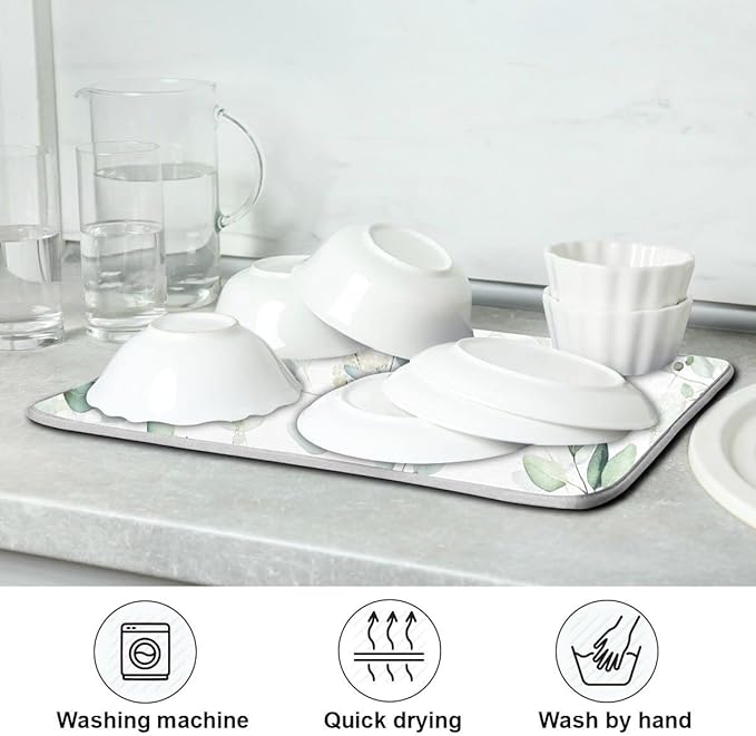 Green Leaves Dish Drying Mat for Kitchen Counter Herb Plant White Drying Mats Super Absorbent Reversible Microfiber Kitchen Countertop Protector Dishes Pad Large 18x24 inch