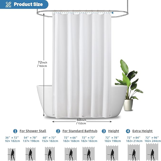 THAIGEE Water-Repellent Stall Fabric Shower Curtain Liner - Hotel Quality Machine Washable, 3 Heavy-Duty Magnets with Rustproof Grommets & Weighted Hem, Stall Size 60x72in White