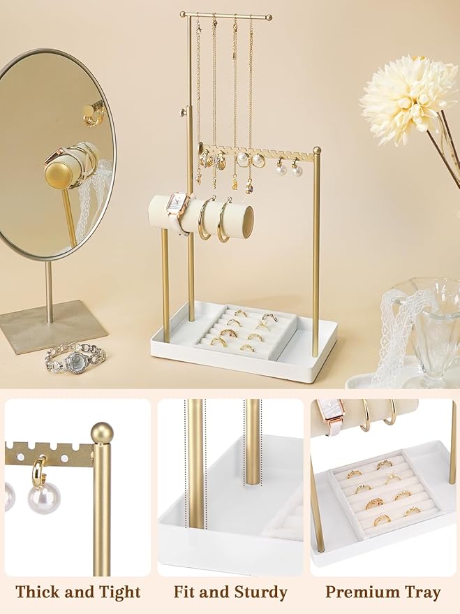 Jenseits Jewelry Organizer Stand with Ring Holder - 3-Tier Gold Jewelry Holder Tower with Velvet Tray, Necklace Holder, Bracelet & Earring Display Stand for Women, Gift for Her