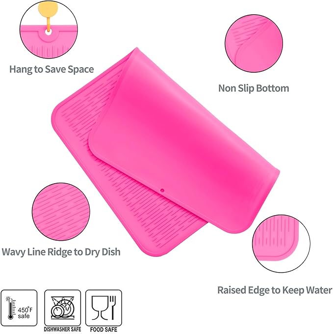MicoYang Silicone Dish Drying Mat for Multiple Usage,Easy clean,Eco-friendly,Heat-resistant Silicone Mat for Kitchen Counter or Sink,Refrigerator or Drawer Liner Rose 2XL 24 inches x 18 inches