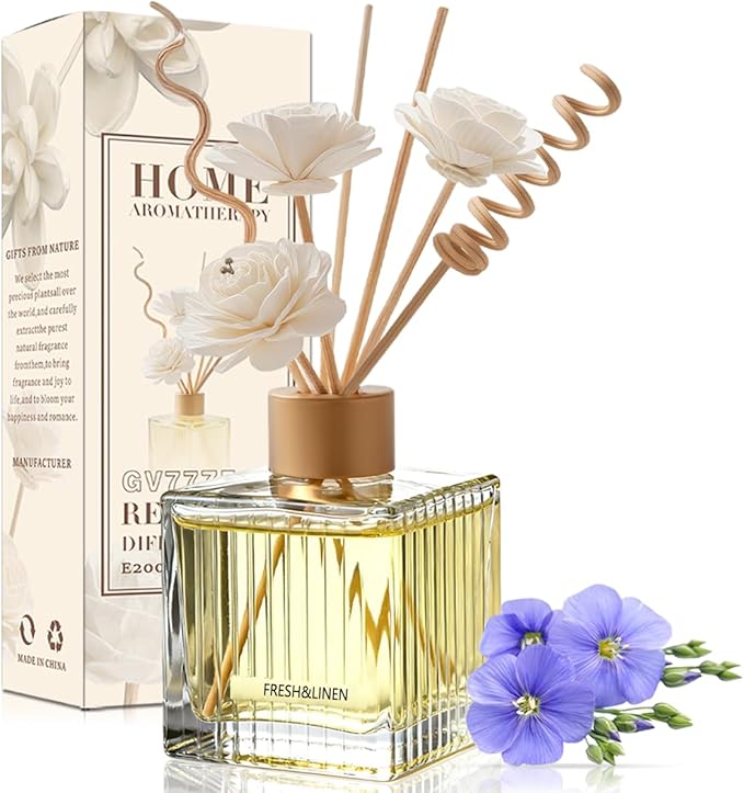 Fresh Linen Reed Diffuser Set - 6.7 oz Glass Bottle with 4 Rattan Sticks,3 Dried Flowers,Adjustable,Long-Lasting Scent for Home,Bedroom,Living Room,Office,Bathroom,Aromatherapy Gift Set