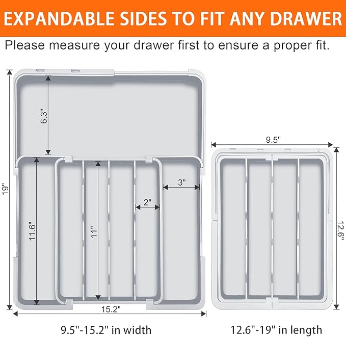 Spaclear Expandable Silverware Drawer Organizer - 7 Compartments BPA-Free Kitchen Utensil Tray, Adjustable 12.6”×9.5" to 19"×15.2", Cutlery Drawer Organizer, Gray