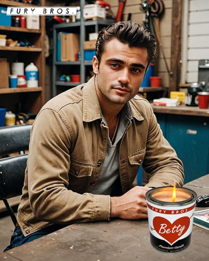 Fury Bros. Scented Candles for Men | Betty | Red Rose & White Tea | Natural Soy Wax | Hand-Poured in The USA | Long 70-80 Hour Burn (12.5 oz) | Vintage-Inspired Tin Design | Dad Home Gift