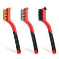 Wire Brush Set, 3 Pcs Stainless Steel/Brass/Nylon Wire Brushes for Cleaning with Curved Handle Grip for Rust Removal, Dirt, Paint Scrubbing(Red)