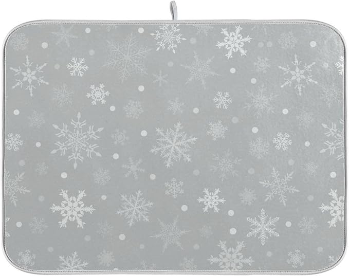 Christmas Gray Snowflake Dish Drying Mat for Kitchen Winter Snow Xmas Grey Microfiber Drying Mats Absorbent Reversible Dish Pad Medium Dish Draining Mat 16x18 inch